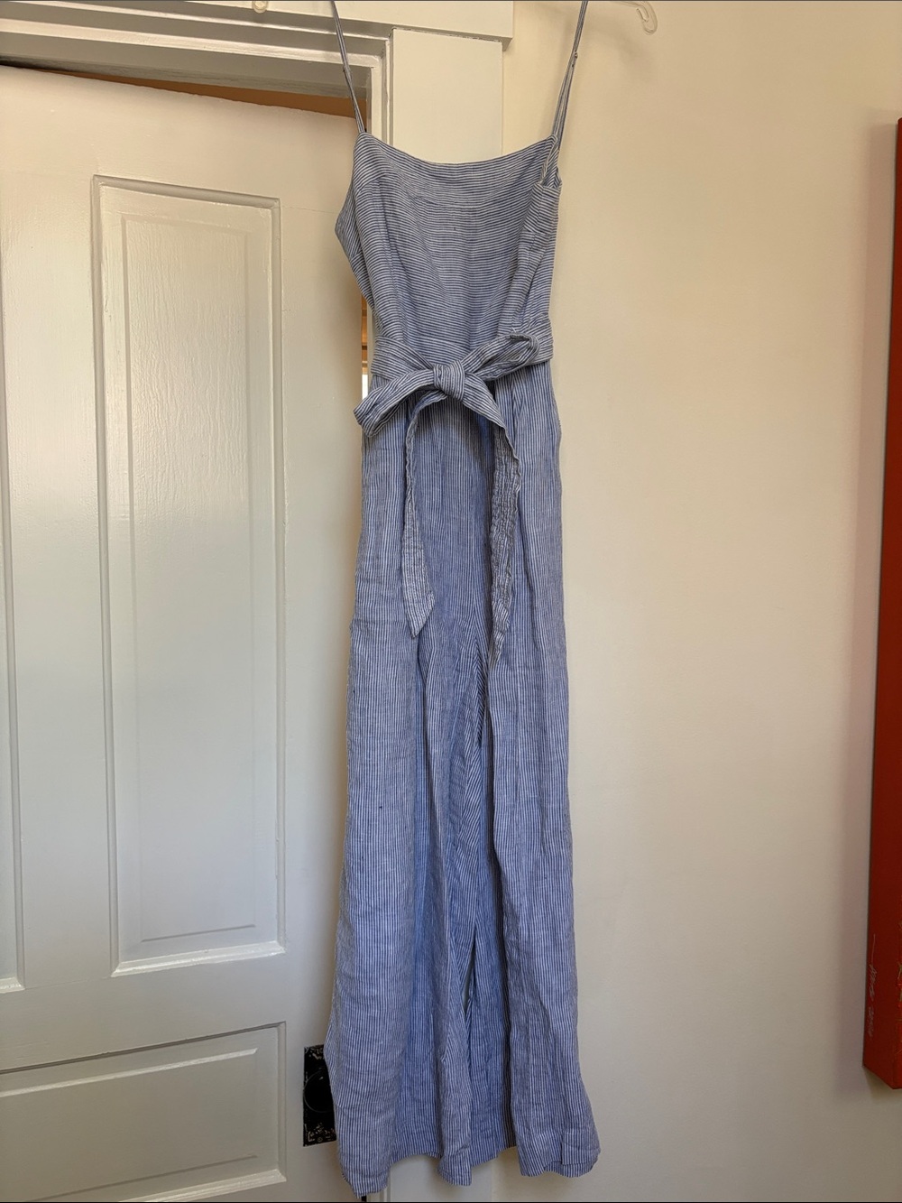 Light Blue Linen-Blend Spaghetti Strap Ankle Length Romper